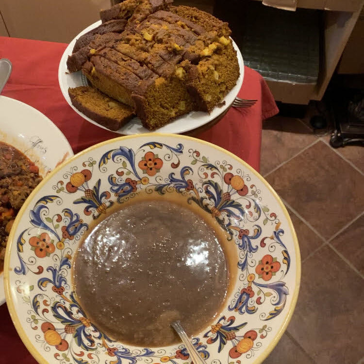 Pumpkin Apple Streusel Cake with Maple Balsamic Caramel Sauce